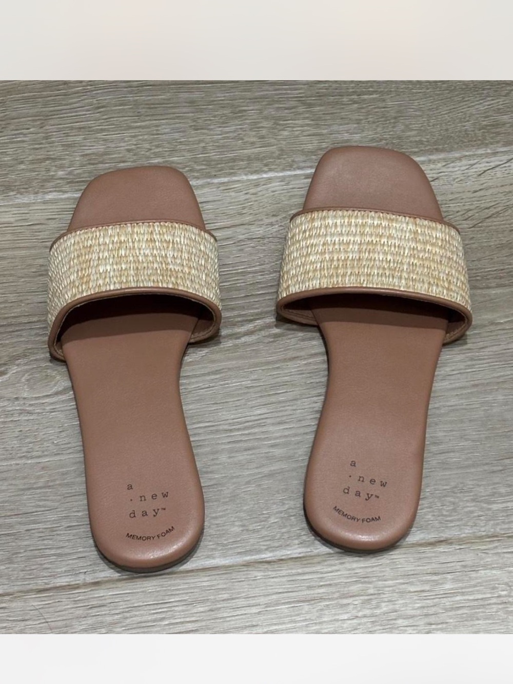 A New Day Tan Slide Sandals with Raffia Strap